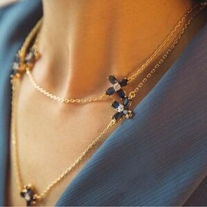 Tory Burch Statement Gold Layered Necklace with Sapphire Flower Accents NWT